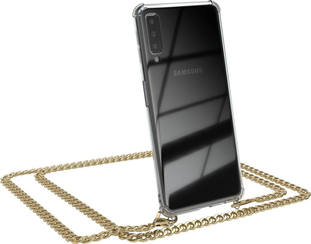 EAZY CASE Metall Handykette für Samsung Galaxy A7 2018, Handyhülle mit Umhängeband, Silikonhülle, Metallkette für Smartphone in Gold