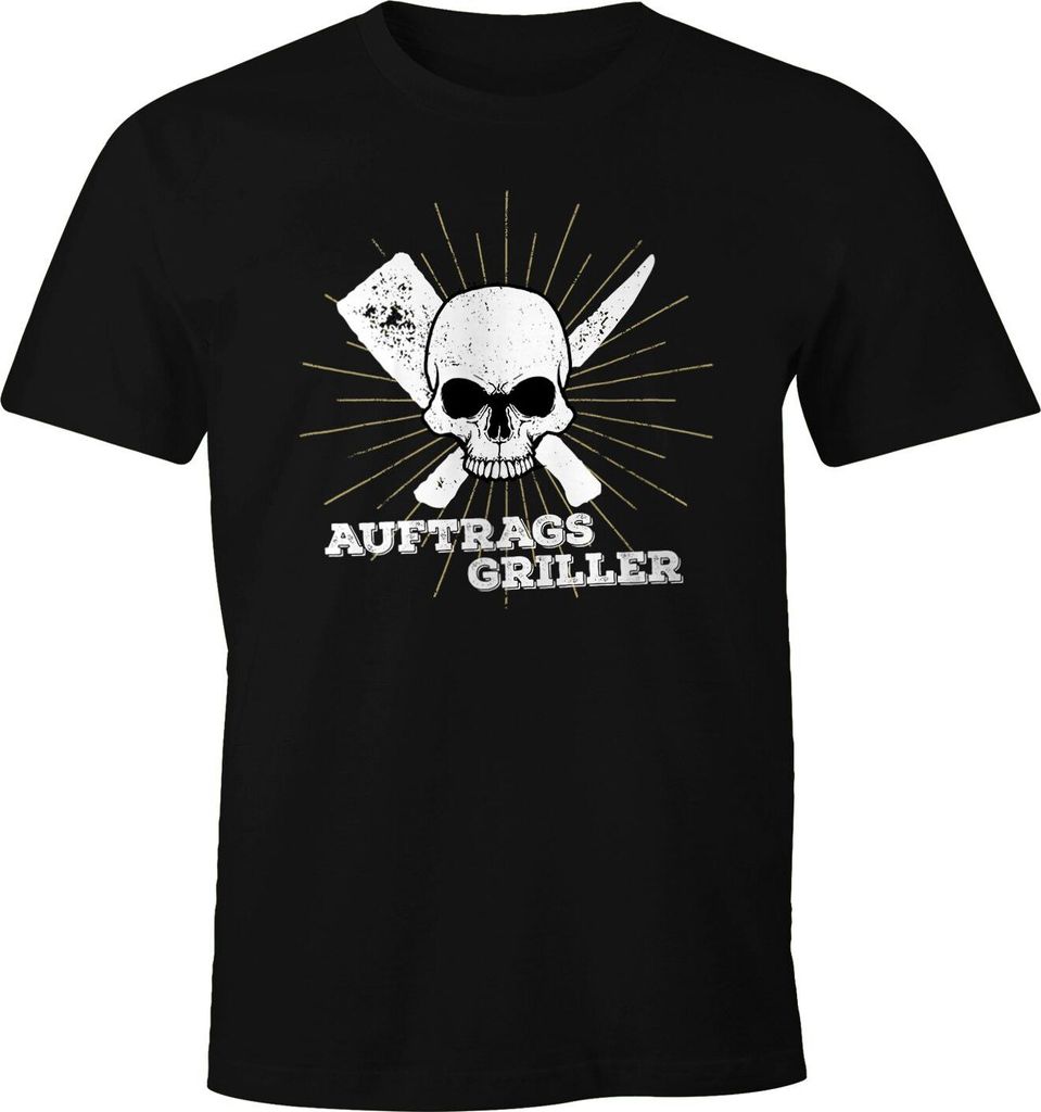 Herren T-Shirt Auftragsgriller Skull Fun-Shirt Motiv-Shirt Grillen BBQ Barbecue Sommer Tee Foodie Moonworks schwarz XXL