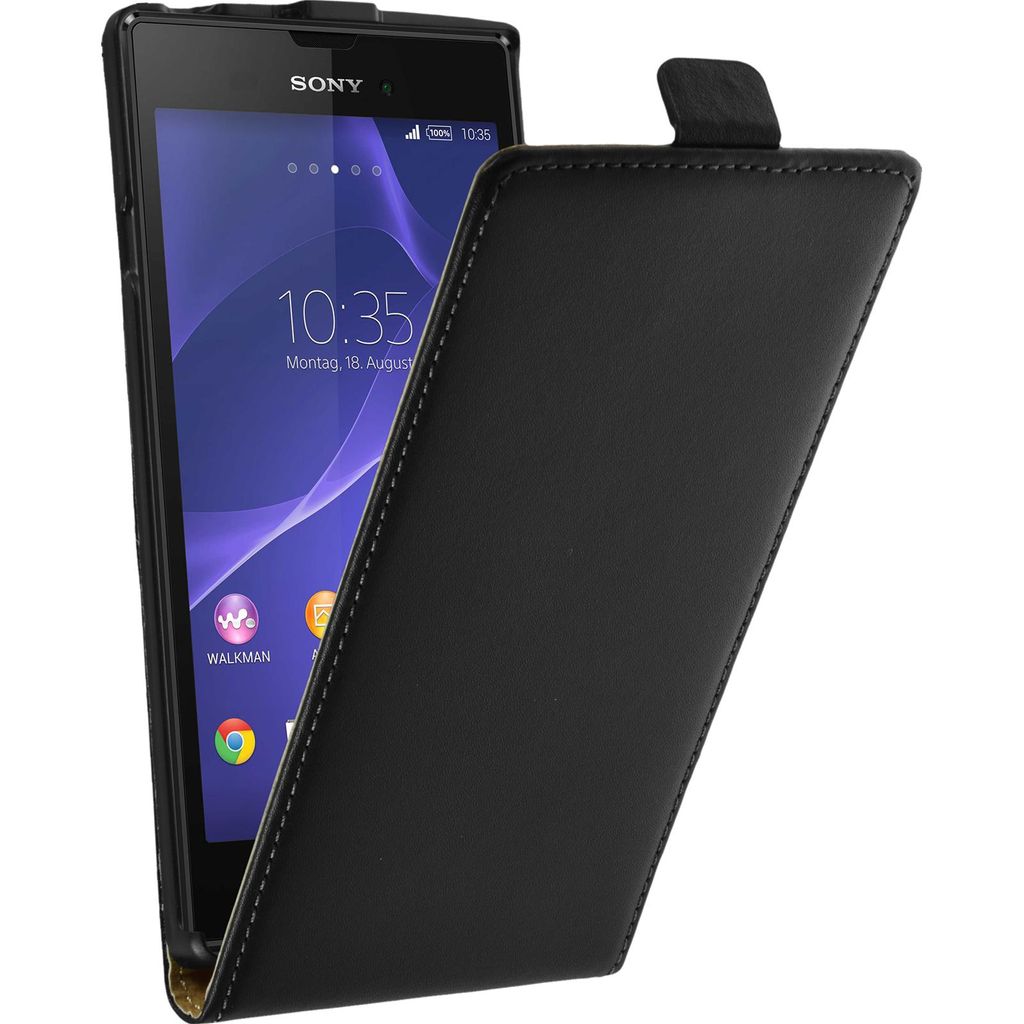 PhoneNatic Kunst-Lederhülle kompatibel mit Sony Xperia Style - Flip-Case schwarz + 2 Schutzfolien