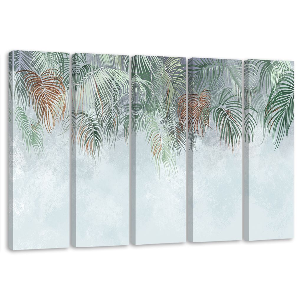 5-teiliges leinwandbild palmenblätter 150x100 cm Feeby silber wandbild bereit zum aufhängen