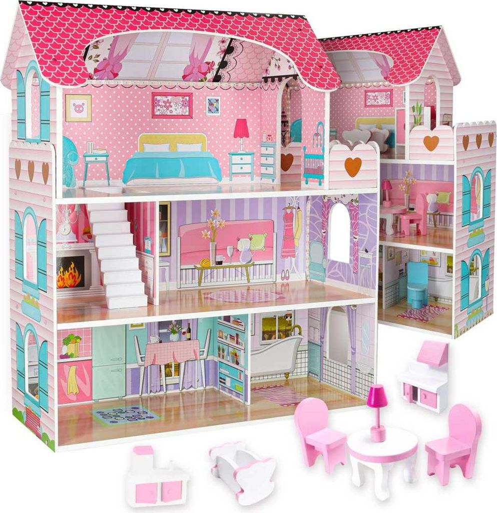 Drevený domček pre bábiky 3-poschodový, 70 cm, s dreveným Obrázok produktu 