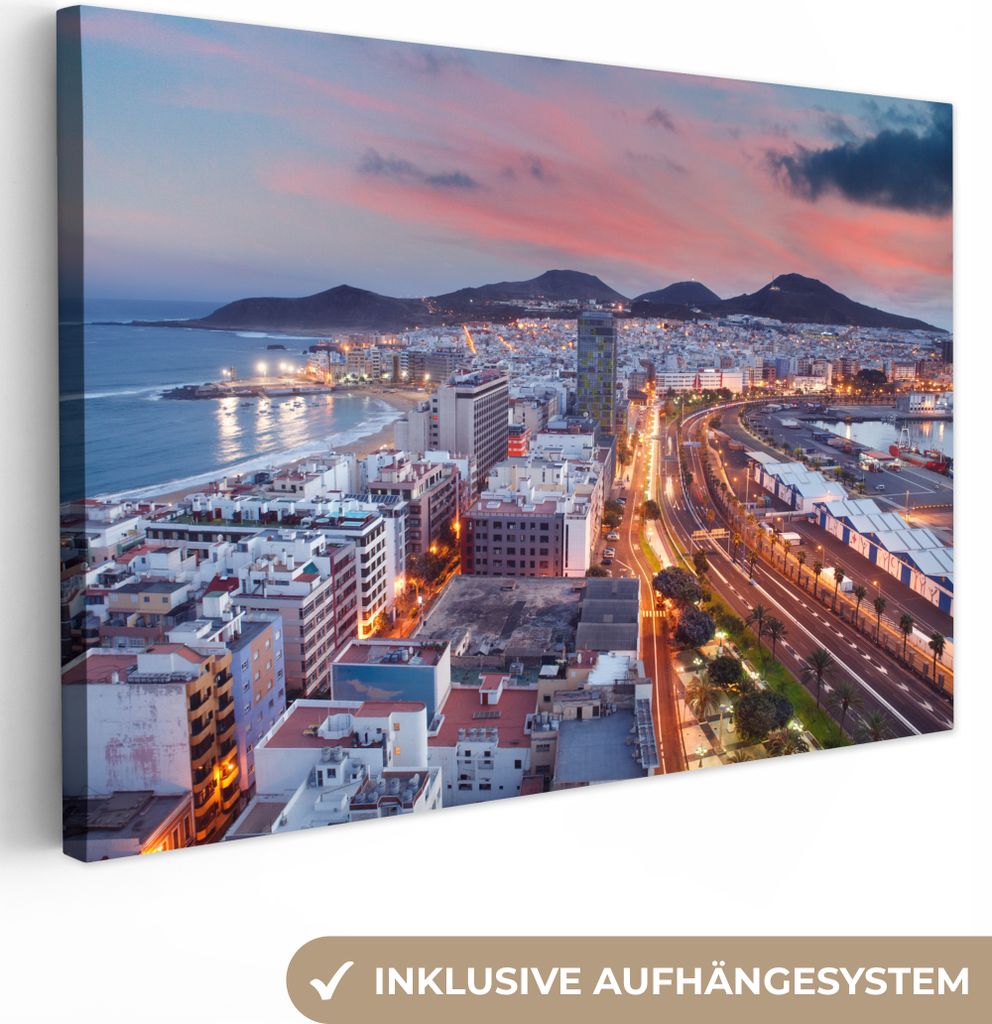OneMillionCanvasses - Leinwandbilder - 150x100 cm, Die Stadt Las Palmas auf Gran Canaria am Abend, Wandbilder Kunstdruck Wanddekoration