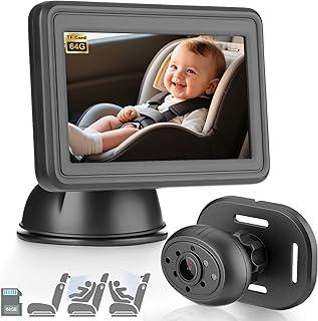 Baby Auto Kamera HD 1080P, 4,3 Rücksitzkamera mit Monitor, 64GB TF Karte, USB Plug-and-Play, Autospiegelkamera Nachtsicht Auto Spiegel Display kla...