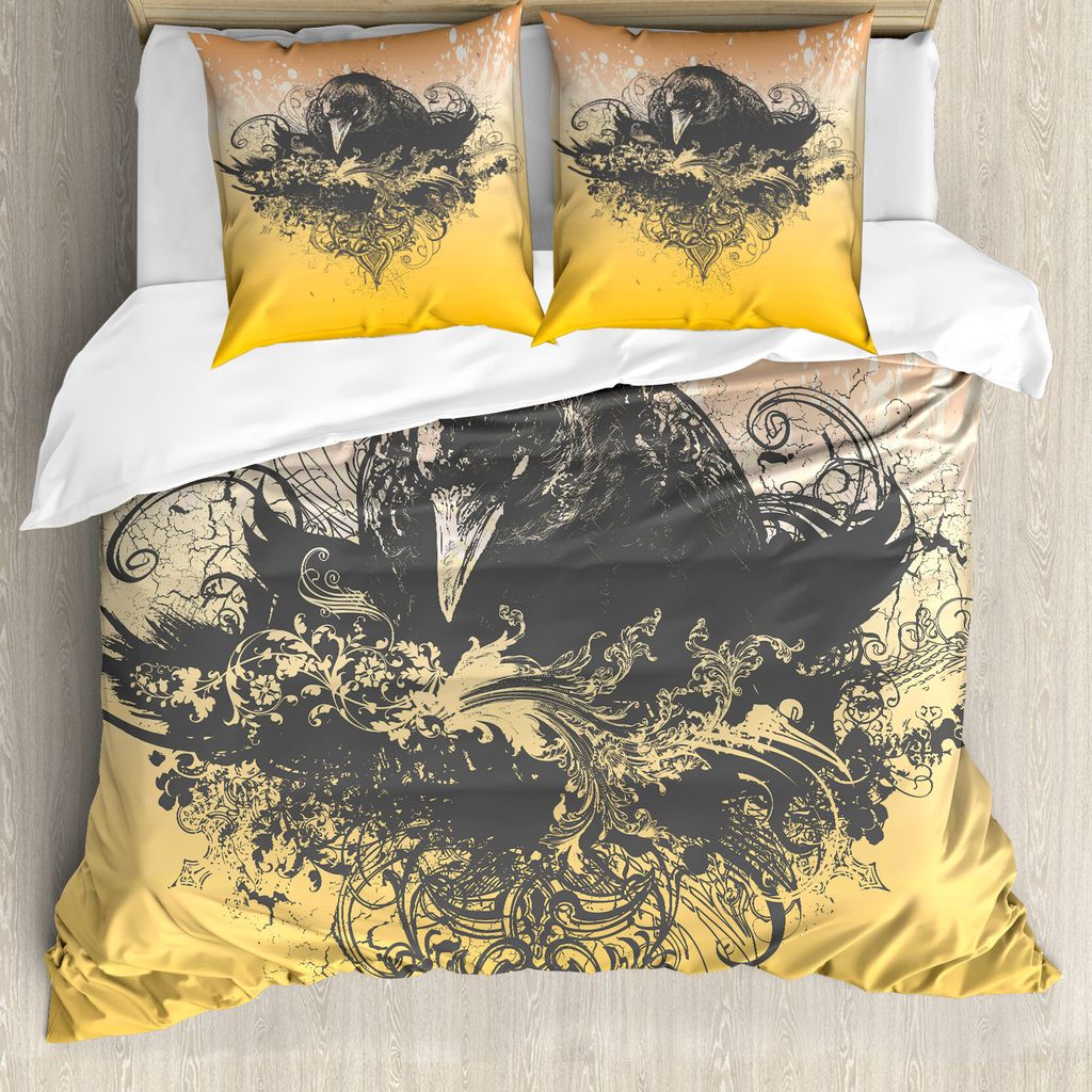 ABAKUHAUS Schwarz Bettbezug, Wicked Crow und Blumen, Milbensicher Allergiker geeignet mit Kissenbezügen, 155 cm x 220 cm - 80 x 80 cm, Schwarz und...