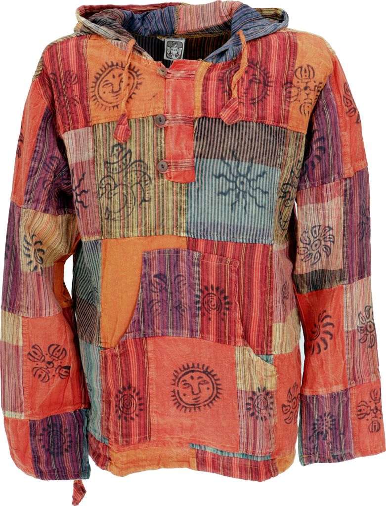 Yoga Hemd, Goa Hemd, Unikat Patchwork Sweatshirt, Leichter Freizeit Hoodie - Rostorange, Herren, Baumwolle, Größe: L