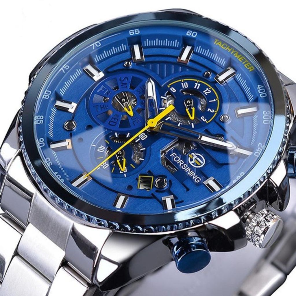 Herrenuhr Automatikuhr Männeruhr blaues Ziffernblatt Edelstahl Datum Wochentag Monat Anzeige