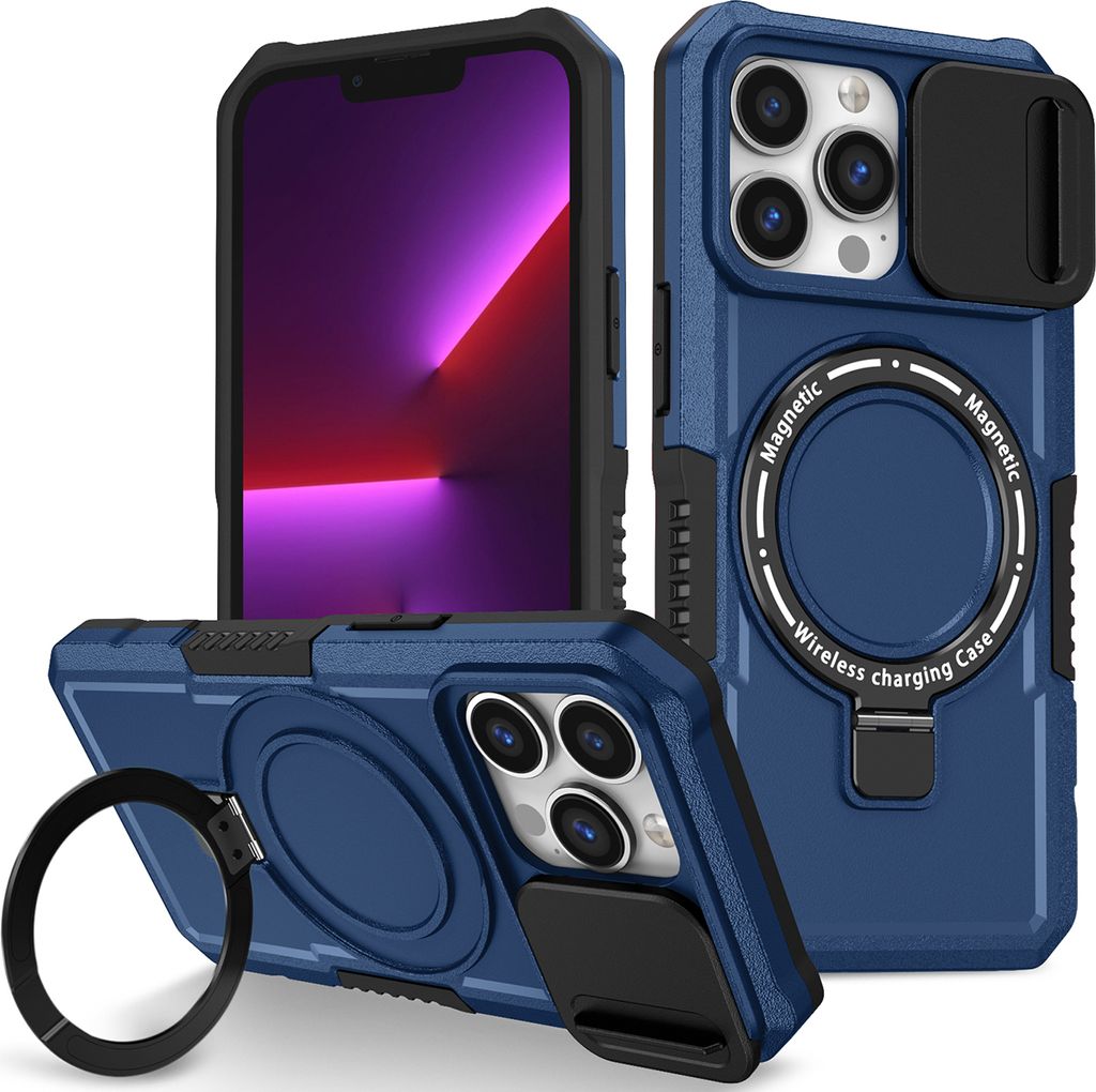 Handyhülle für iPhone 13 Pro Kompatibel mit MagSafe, Robuste Hülle mit Schiebe Kamera Schutz, Magnetischer Ringständer Blau