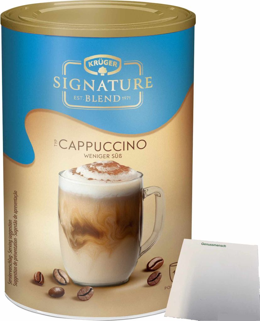 Krüger Signature Blend Cappuccino Weniger Süß (200g Dose) + usy Block