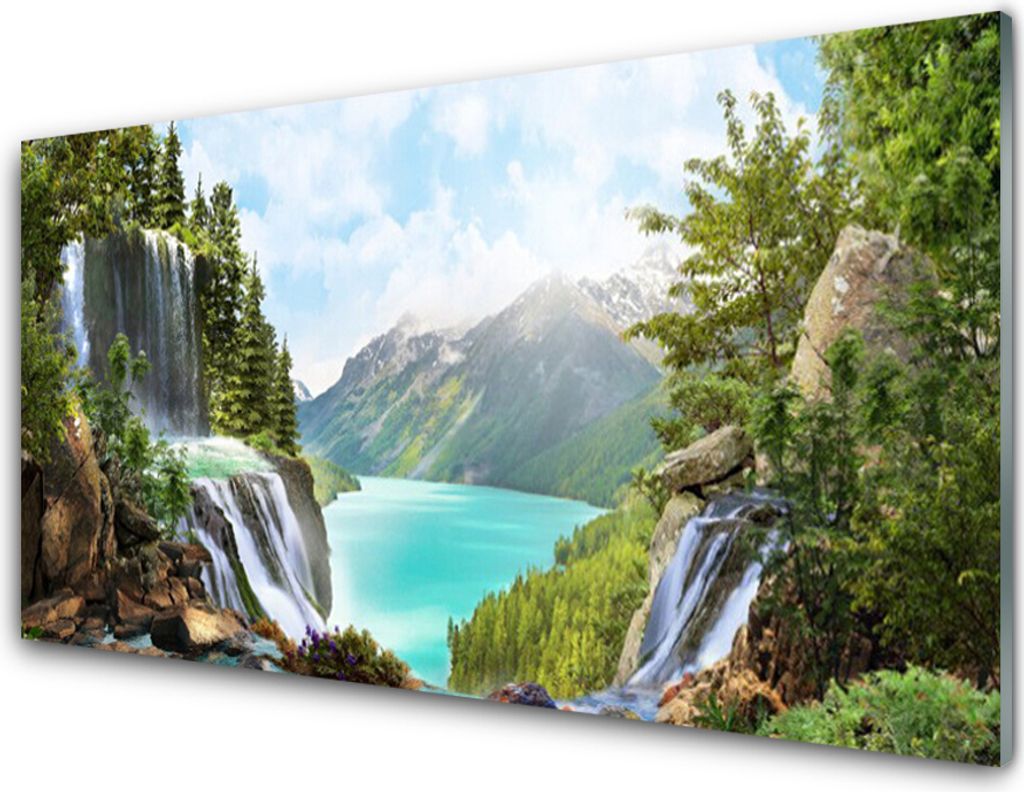 Küchenrückwand aus Glas 100x50cm Spritzschutz Gebirge Bucht Wasserfall Natur