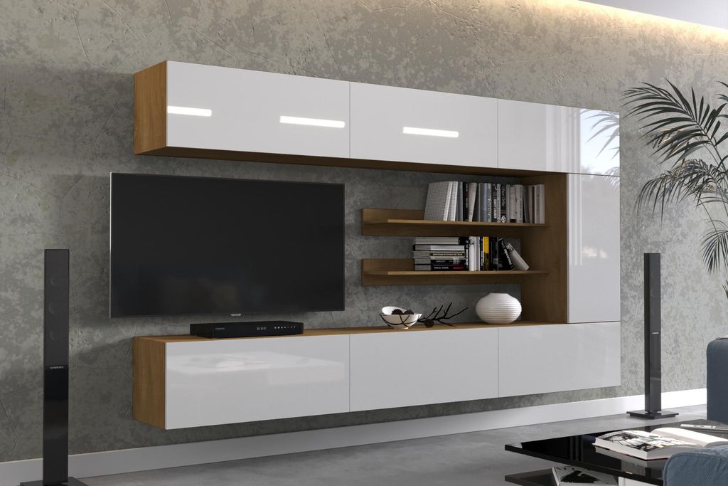 Furnitech Wohnwand 249 cm, Möbel-Set fürs Wohnzimmer, Weiß Hochglanz, Goldene Eiche, moderne Schränke, Regale, Funktionalität, Modell AN142-1A