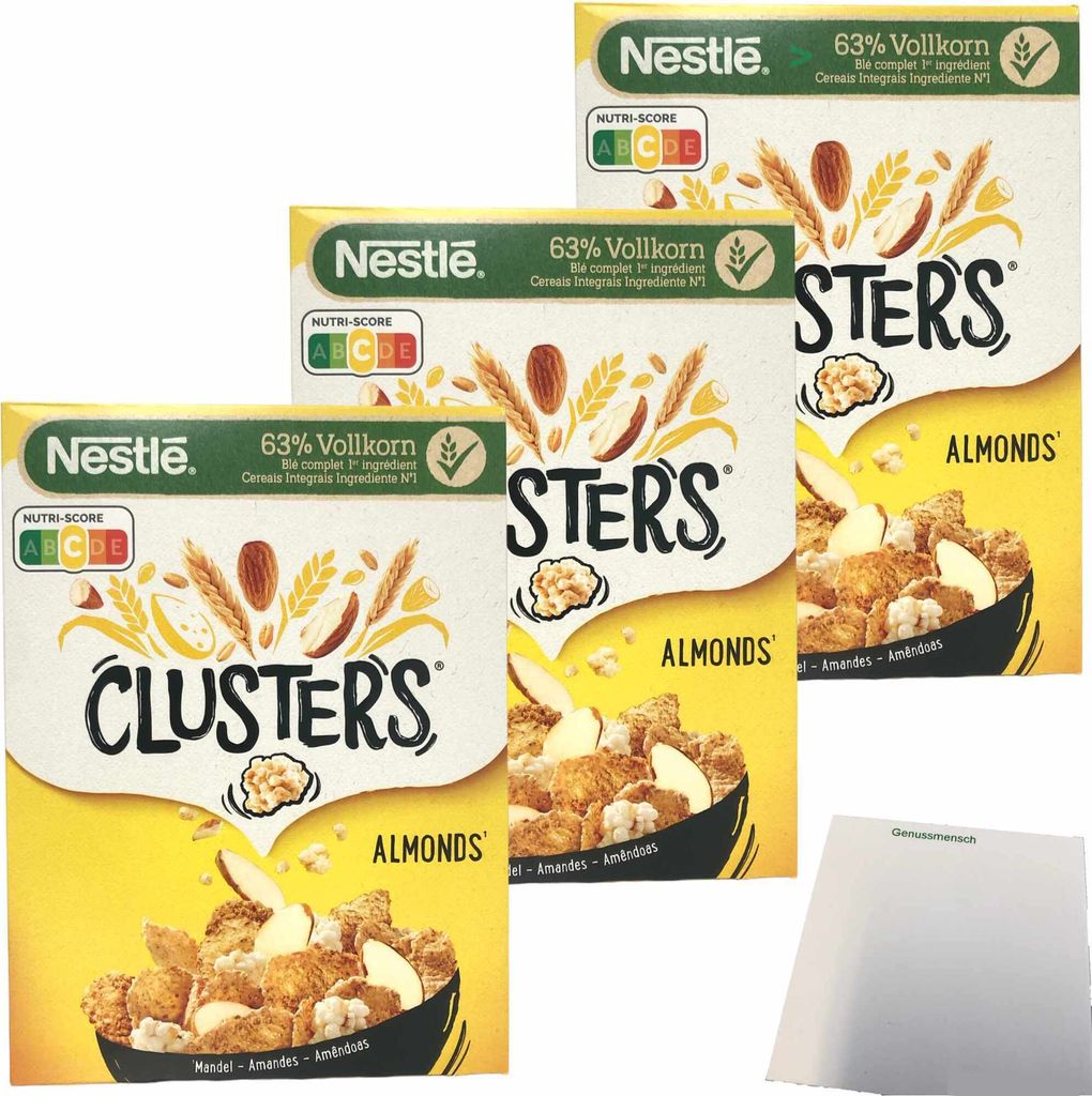 Nestle Clusters Mandel Cerealien 63% Vollkorn 3er Pack (3x325g Packung) + usy Block
