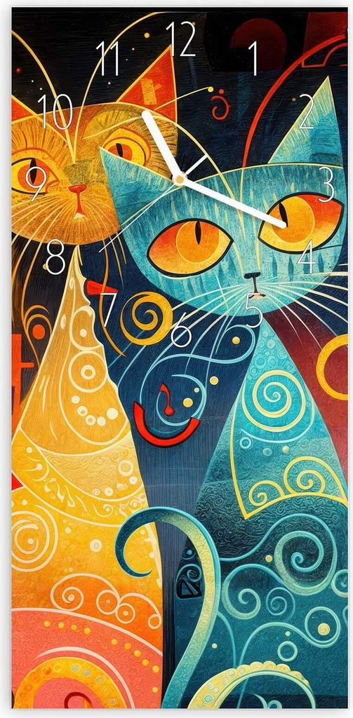 Wanduhr aus Glas mit Motiv Bunte Katzenkunst- 30 x 60 cm - inkl. Aufhängesystem