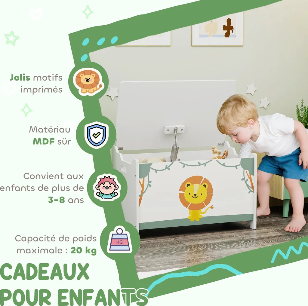 Solution rangement jouets pour salon et chambre enfant, coffre vert design