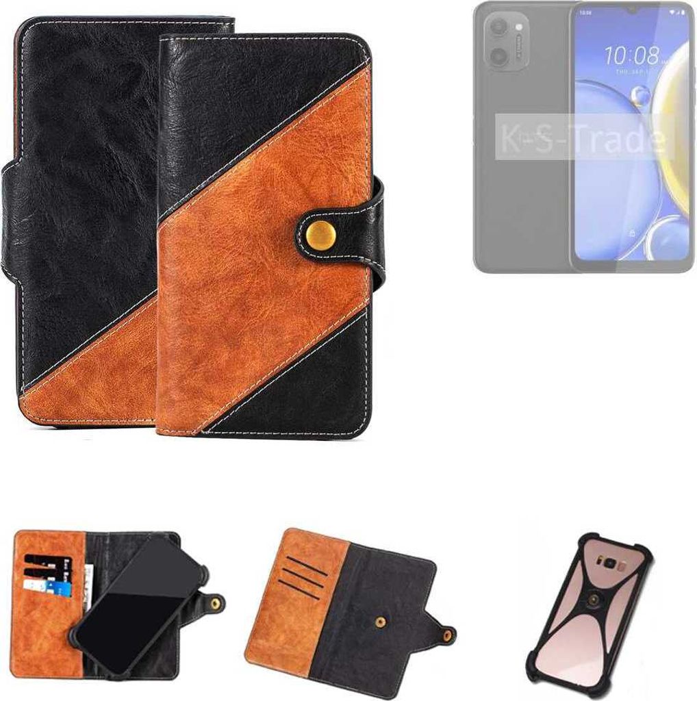 K-S-Trade Handyhülle Schutzhülle Bookstyle Case Wallet-Case kompatibel mit HTC Wildfire E Plus Handy Cover Bumper Klapphülle schwarz hellbraun 1x