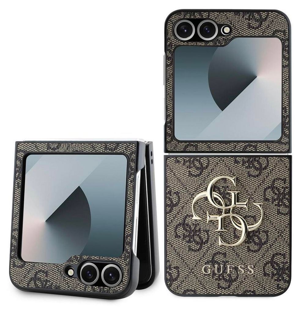 A flip phone case with a Guess logo and pattern, shown in both open and closed positions.