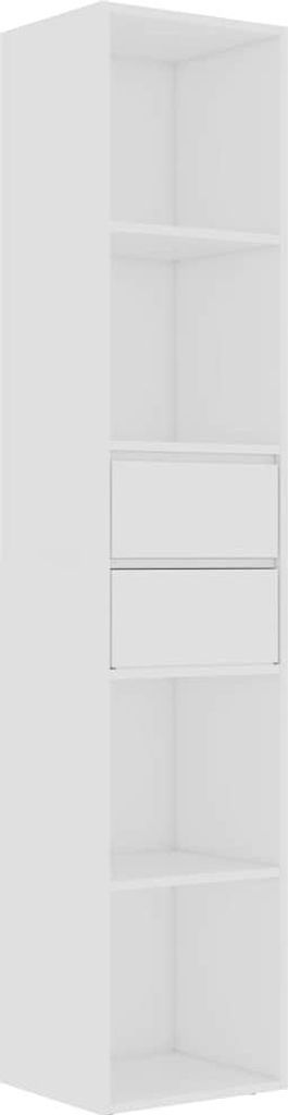 A white bookshelf with shelves and two drawers.