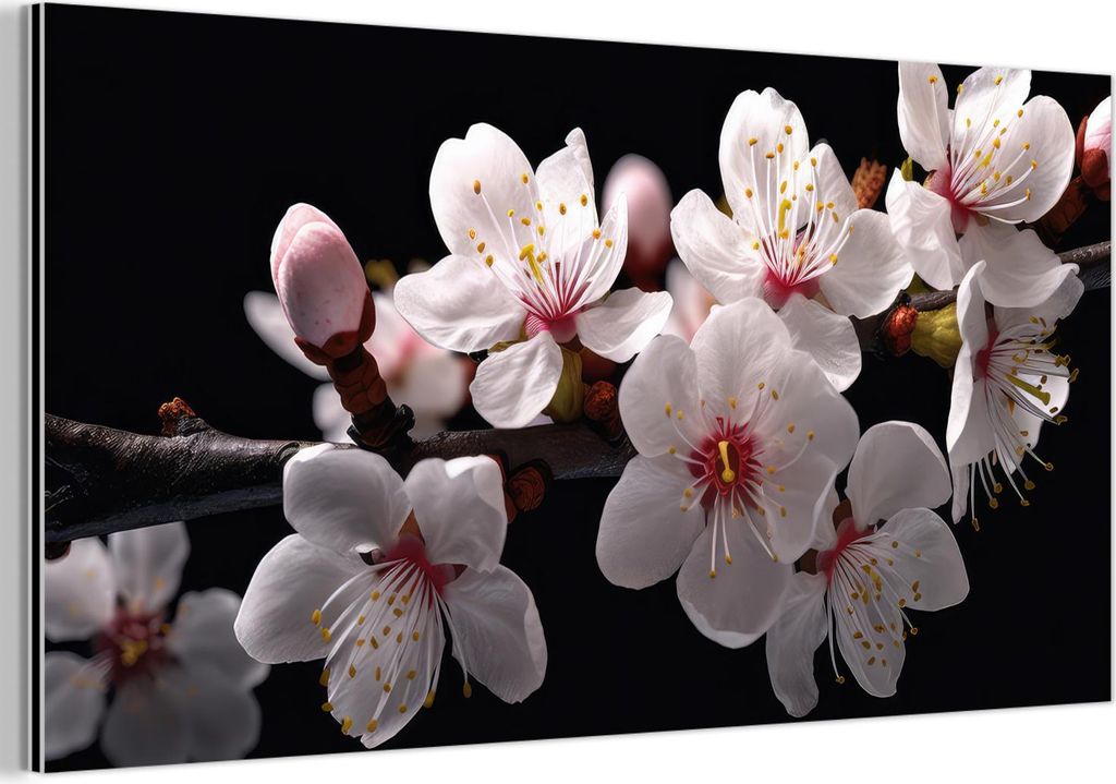 MuchoWow Wanddekoration Metall Metallbild Wandkunst 120x60 cm Sakura - Blumen - Blütenzweige - Botanisch - Weiß MuchoWow Aluminium Gemälde - Met...