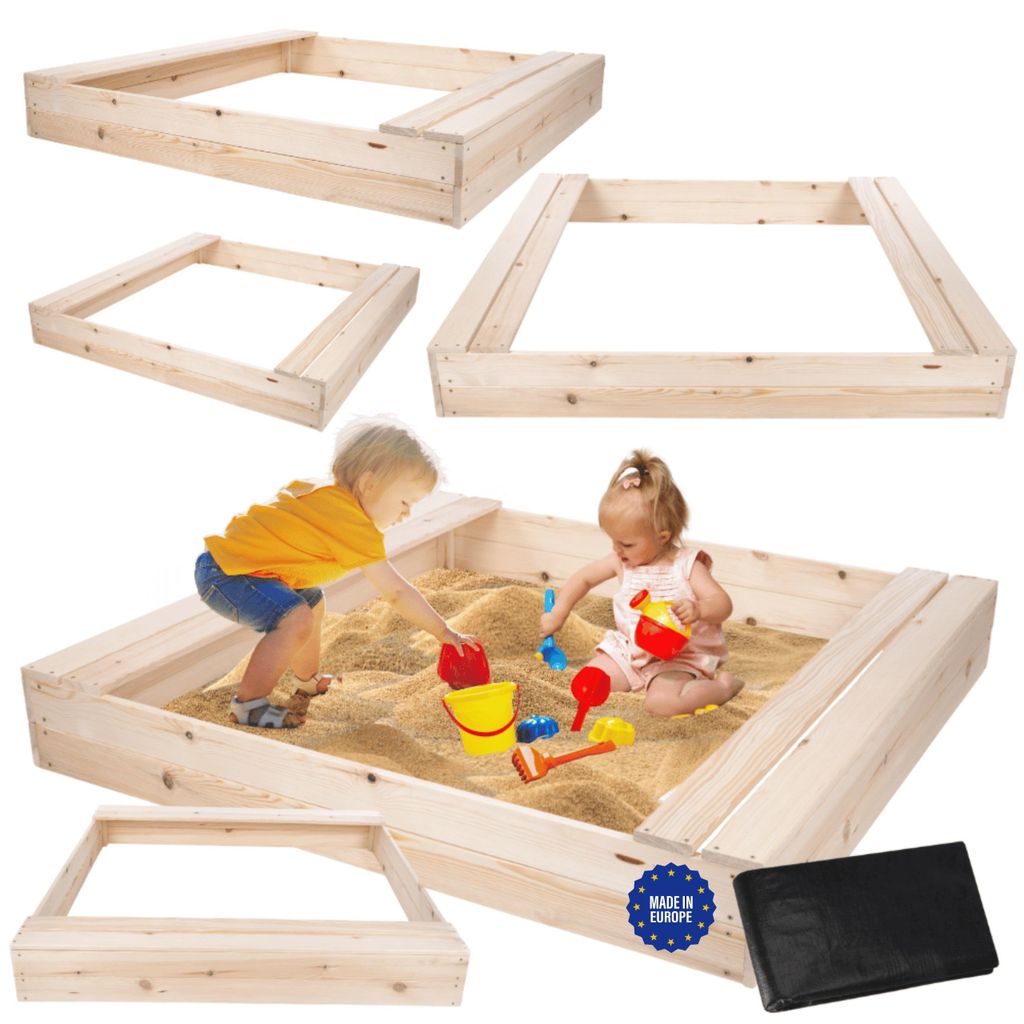MODO24 Sandkasten Holz, mit Sitzbänken, Holzsandkasten, Kinder Gartenspielzeug, Outdoor, 140x137 cm, Natur Imprägniert, PIA