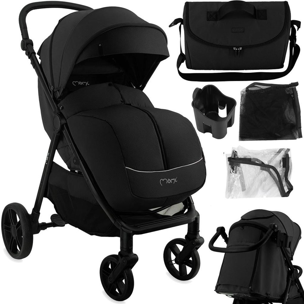 A black baby stroller and its accessories are displayed against a white background.