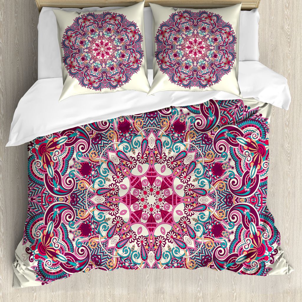 ABAKUHAUS Mandala Bettbezug, Boho Blumen, Milbensicher Allergiker geeignet mit Kissenbezügen, 155 cm x 220 cm - 80 x 80 cm, Mehrfarbig