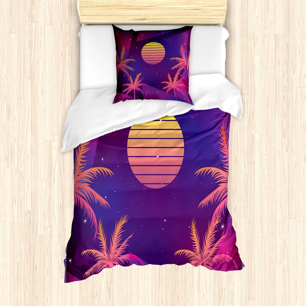 ABAKUHAUS Set copripiumino tropicale per letti singoli, Palms Sun and Stars, antiacaro, adatto a chi soffre di allergie, con federa, 135 cm x 200 cm - 80 x 80 cm, multicolore