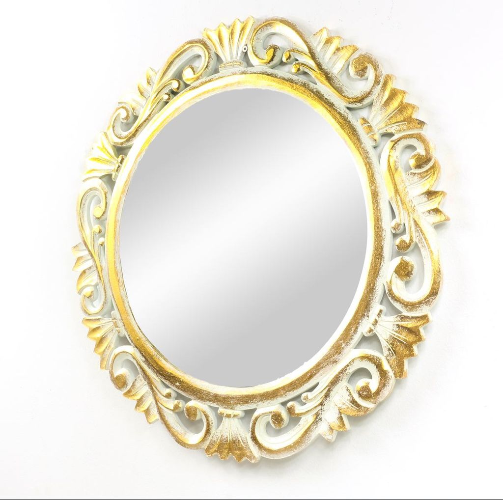 Barock Wandspiegel Spiegel Schminkspiegel Landhaus Holzrahmen Vintage Shabby Chic Weiß / Gold Rund 60cm