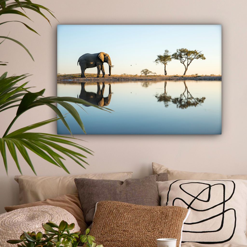 OneMillionCanvasses - Leinwandbilder - 150x100 cm, Elefant - Wasser - Bäume - Tiere - Natur, Wandbilder Kunstdruck Wanddekoration