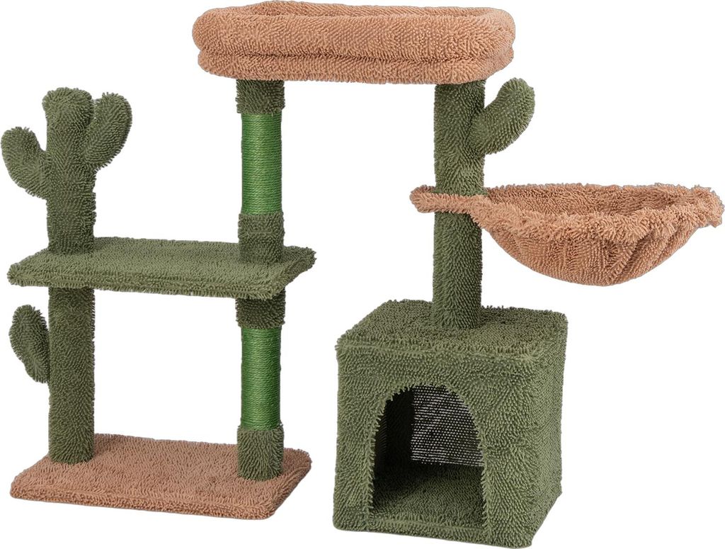 GOPLUS Katzenbaum Kaktus, Katzenbaum mit Plüschsitzplatz, Hängematte, Katzenhöhle, Kratzstämme & Waschbare Kissen, 81cm hoch, Grün