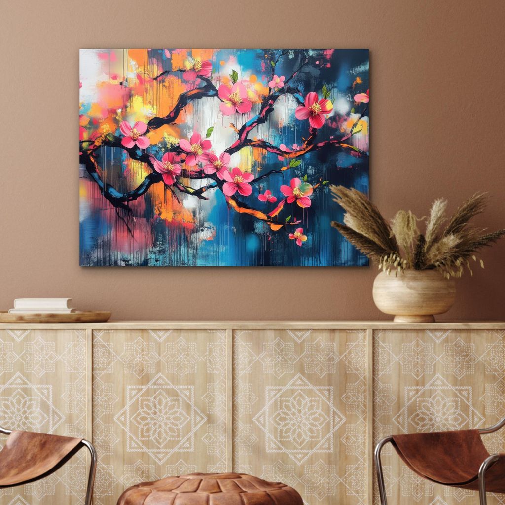 MuchoWow Wanddekoration Metall Metallbild Wandkunst 80x60 cm Blumen - Zweig - Künstlerisch - Rosa MuchoWow Aluminium Gemälde - Alubild