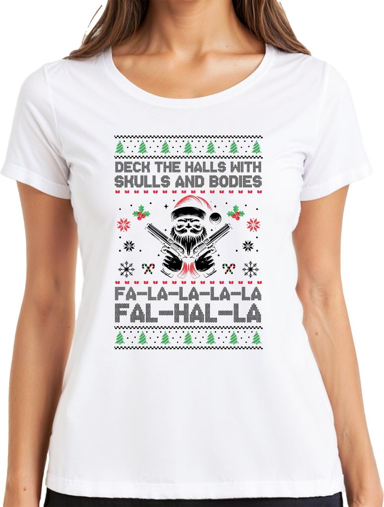 Falhalla Totenkopf Santa Ugly Sweater - Weihnachten Weihnachtsgeschenk Christmas Damen T-Shirt, Weiß, 3XL