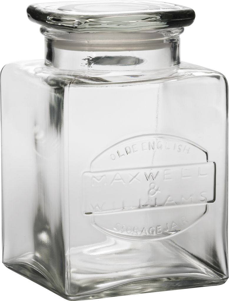 A clear studio shot of a glass storage jar with a lid.
