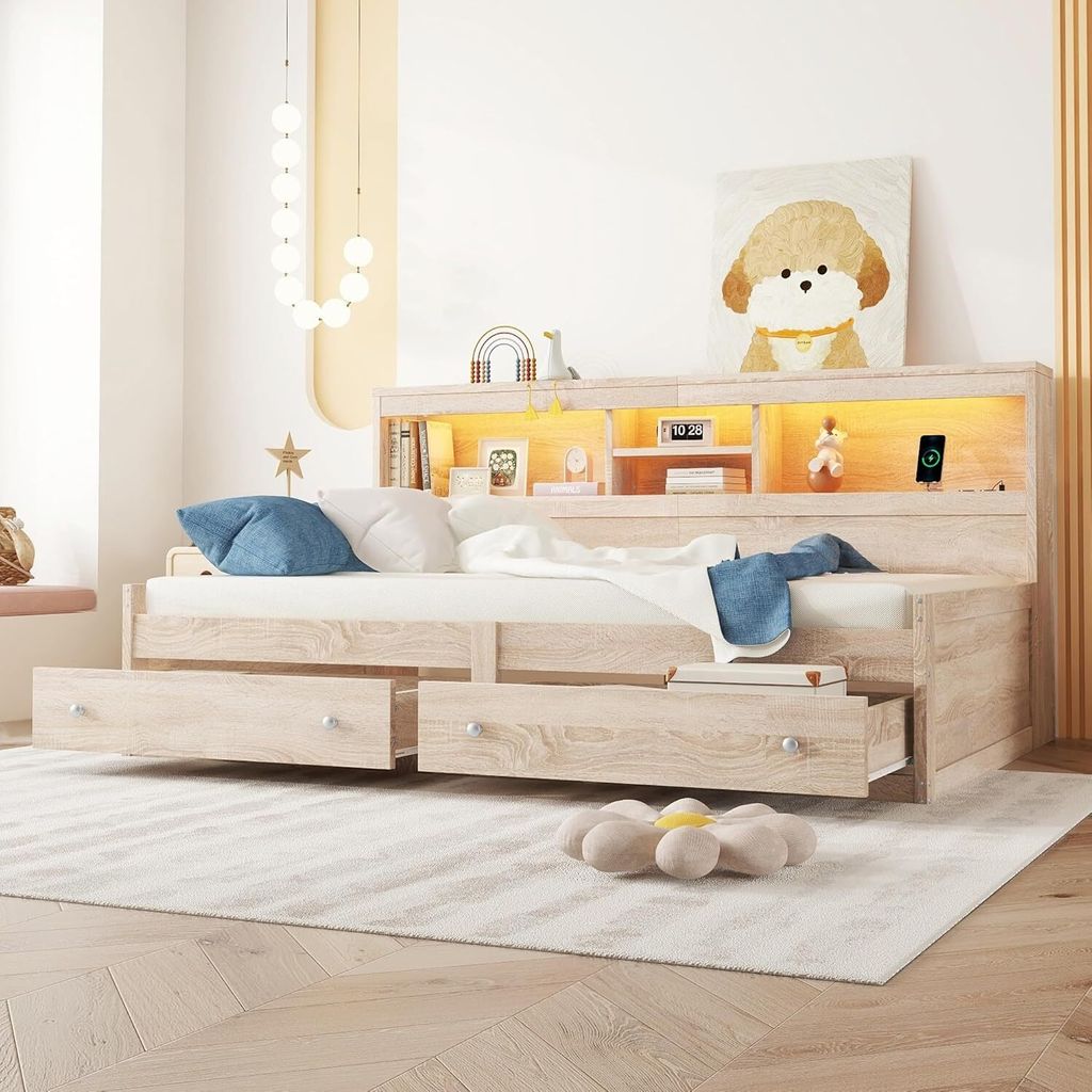 Schlafsofa 90x200 Tagesbett mit Stauraum, Funktionsbett mit 2 Schubladen, USB-Ladebuchsen, Bettrahmen mit Lattenrost (ohne Matratze), Schlafcouch f...