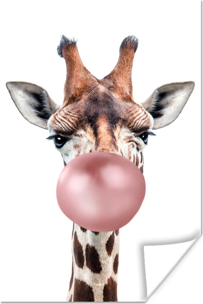 MuchoWow Poster Giraffe - Kaugummi - Rosa - Kinder - Junge - Mädchen 60x90 cm - Wanddekoration