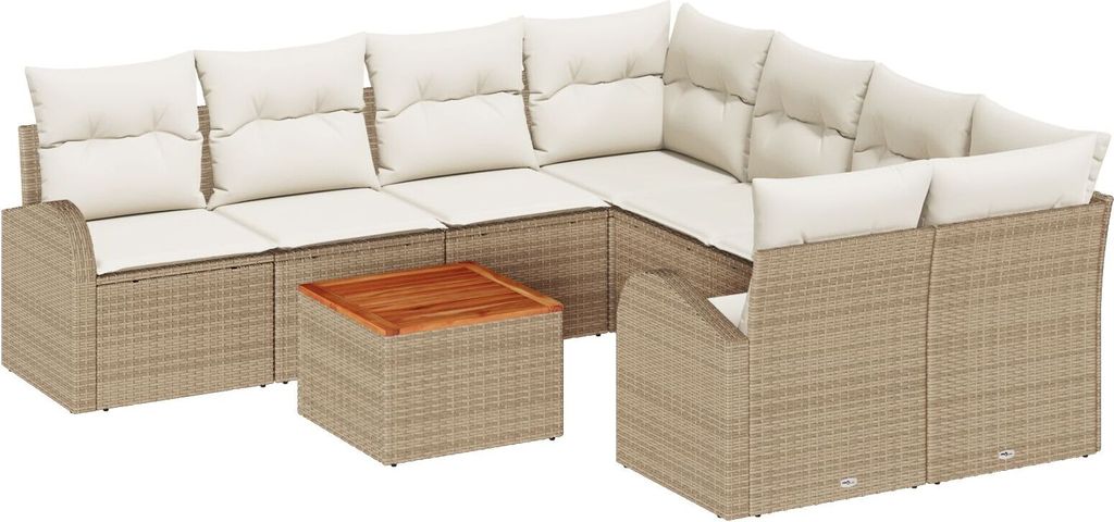 Eleganten-Stil 9-teiliges Garten Sofa Set mit Kissen Beige Poly Rattan Akazie, 2-Sitzer Garten Sofa mit Stauraum & Kissen Beige Poly Rattan - Garte...