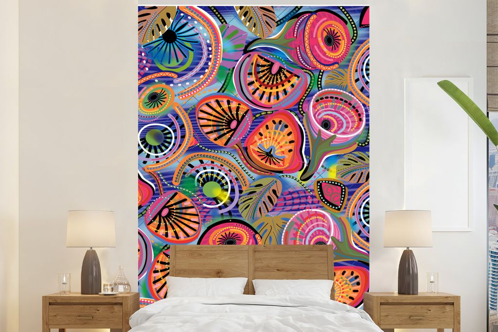 MuchoWow Fototapete für Wohnzimmer oder Schlafzimmer Wandtapete Vinyl Motivtapete Kreis - Figuren - Blätter - 160x240 cm - Vinyltapete