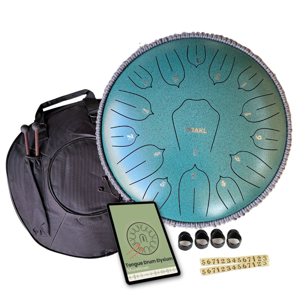 Orakl - Steel Tongue Drum Elyisium meergrün - Handpfanne ø 35 cm - Inklusive Lehrbuch - Zungentrommel - Regentrommel - Klangschale