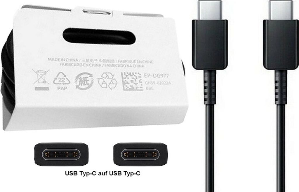 A collage showing a white product box with text and symbols, two USB-C cables, and two USB-C connectors.
