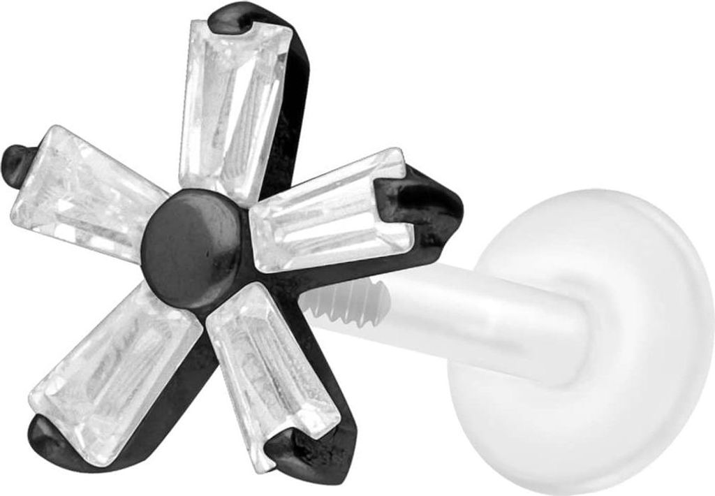 Ohrpiercing, Nasenpiercing PTFE Labret mit Innengewinde + Titan-Aufsatz KRISTALLBLUME Schwarz Stablänge: 10mm | Stabstärke: 1,2mm