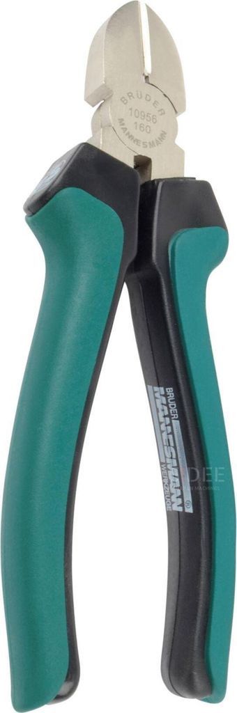 A pair of green and black handled wire cutters against a white background.