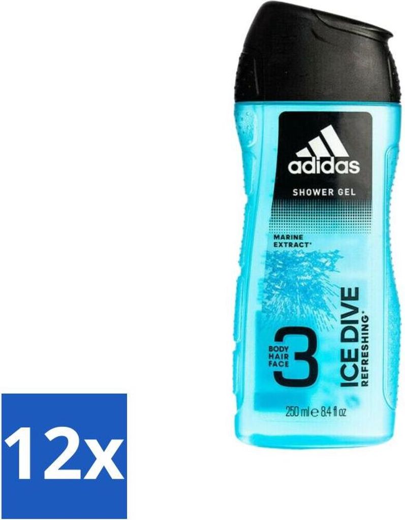 Adidas - 3-in-1 Duschgel - Ice Dive Refreshing - Meeresextrakt - 250 ml - Vorteilspack - 12 Stücke