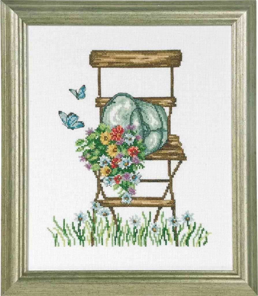 Kit point de croix fleurs et chaise Permin 26x21 cm motif romantique
