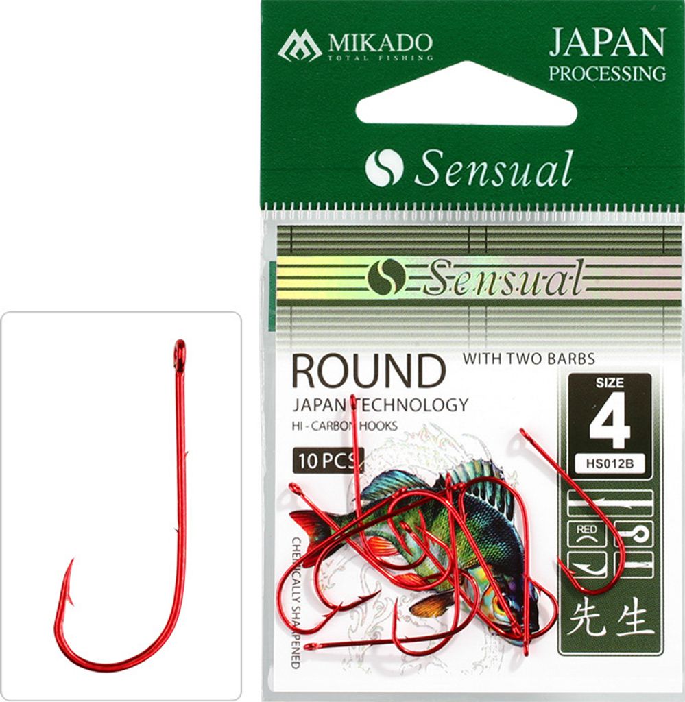 10 x MIKADO ROUND rote Angelhaken mit Öhr und 3 Widerhaken Wurmhaken # 6