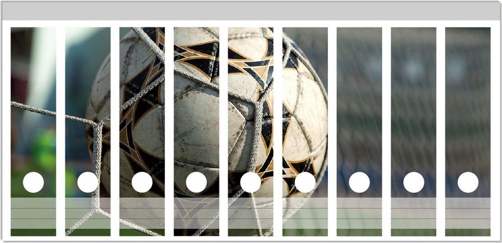 Wallario Ordnerrücken Sticker, selbstklebend für breite Ordner, 9 Stück, Motiv Fußball - Ball im Tor - Bolzplatz