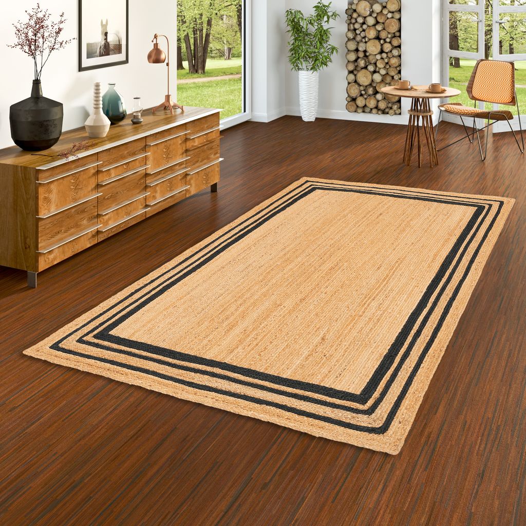 Naturfaser Teppich Handgefertigt Jute Salsa Anthrazit Bordüre, Größe:80x150 cm