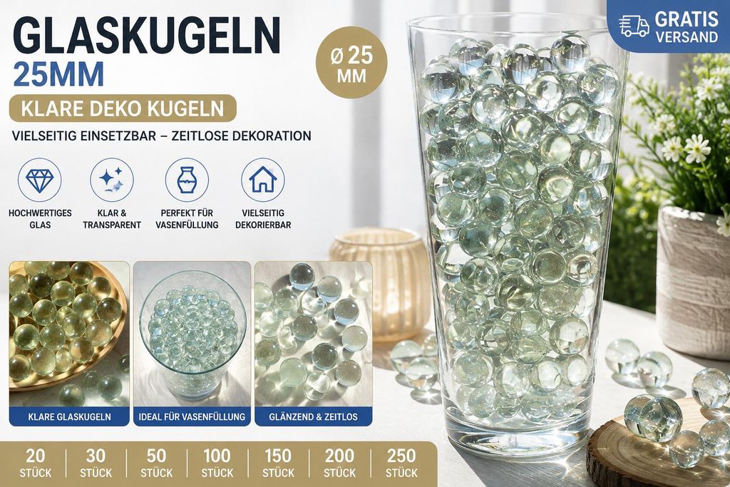 25 Stück Glaskugeln Ø 25 mm klar transparent – Deko Kugeln Produktbild  KI-generiertes Bild