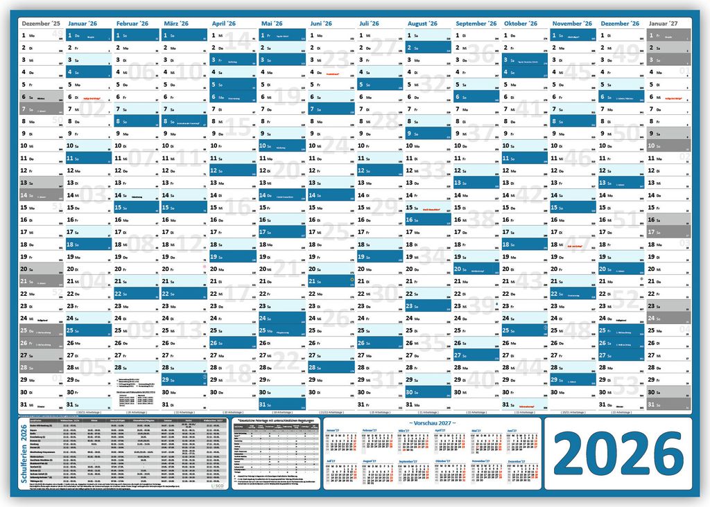 XXL Wandkalender Wandplaner 2026 blau (gerollt) DIN A0 Format (841 x 1189 mm) 14 Monate komplette Jahresvorschau Folgejahr und Ferientermine Feiert...