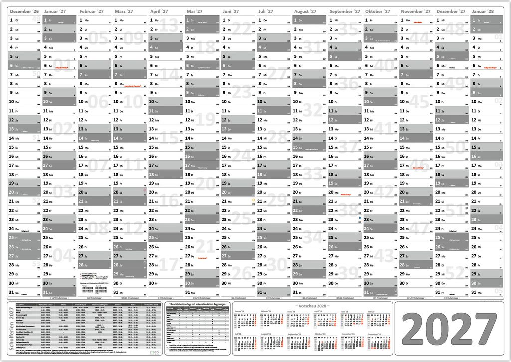 XXL Wandkalender Wandplaner 2027 grau (gerollt) DIN A0 Format (841 x 1189 mm) 14 Monate, komplette Jahresvorschau Folgejahr und Ferientermine Feier...