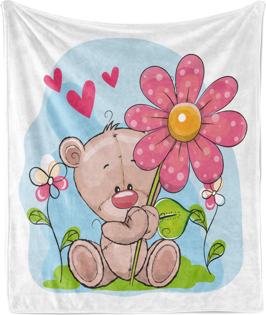 ABAKUHAUS Lustiger Bär Weich Flanell Fleece Decke, Cartoon-Stil Kinderzimmer Illustration eines romantischen Teddy mit Herzen und Blumen, 175 x 23...