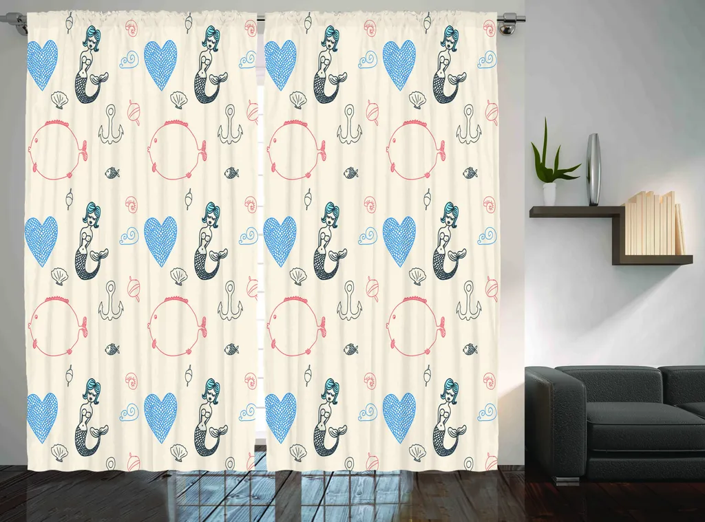 Rideau de Chambre Enfant et Salon Thème Sirène Bleu et Crème 280x225 cm