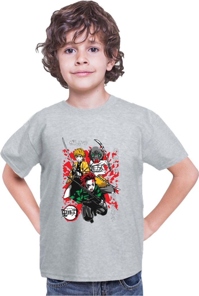 Kinder T-Shirt Demon Anime Slayer Kimetsu No Yaiba Tanjiro Zenitsu Inosuke 002, 9-11 Jahr - 140 / Grau